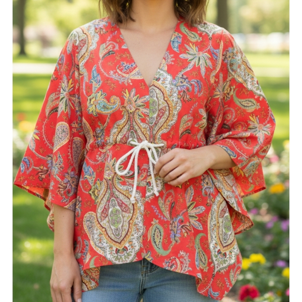Zara Red Paisley Blouse with Tie Waist